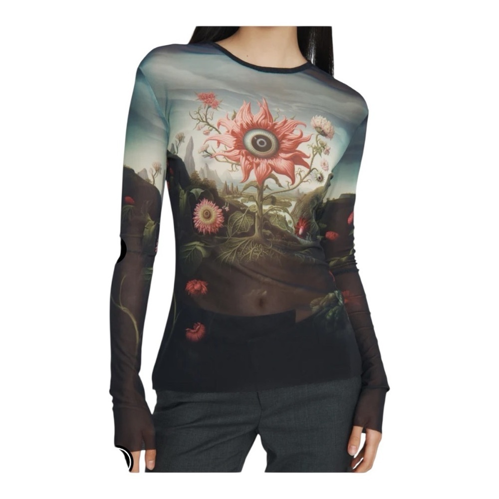 Monse Rose Printed Mesh Top Long Sleeve in Sheer Fabric Size Small